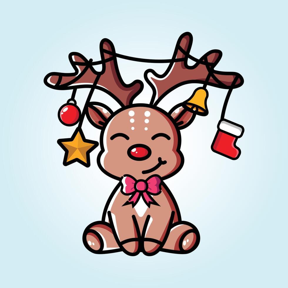 Adorable Christmas Reindeer Cartoon Illustration with Festive Ornaments vector