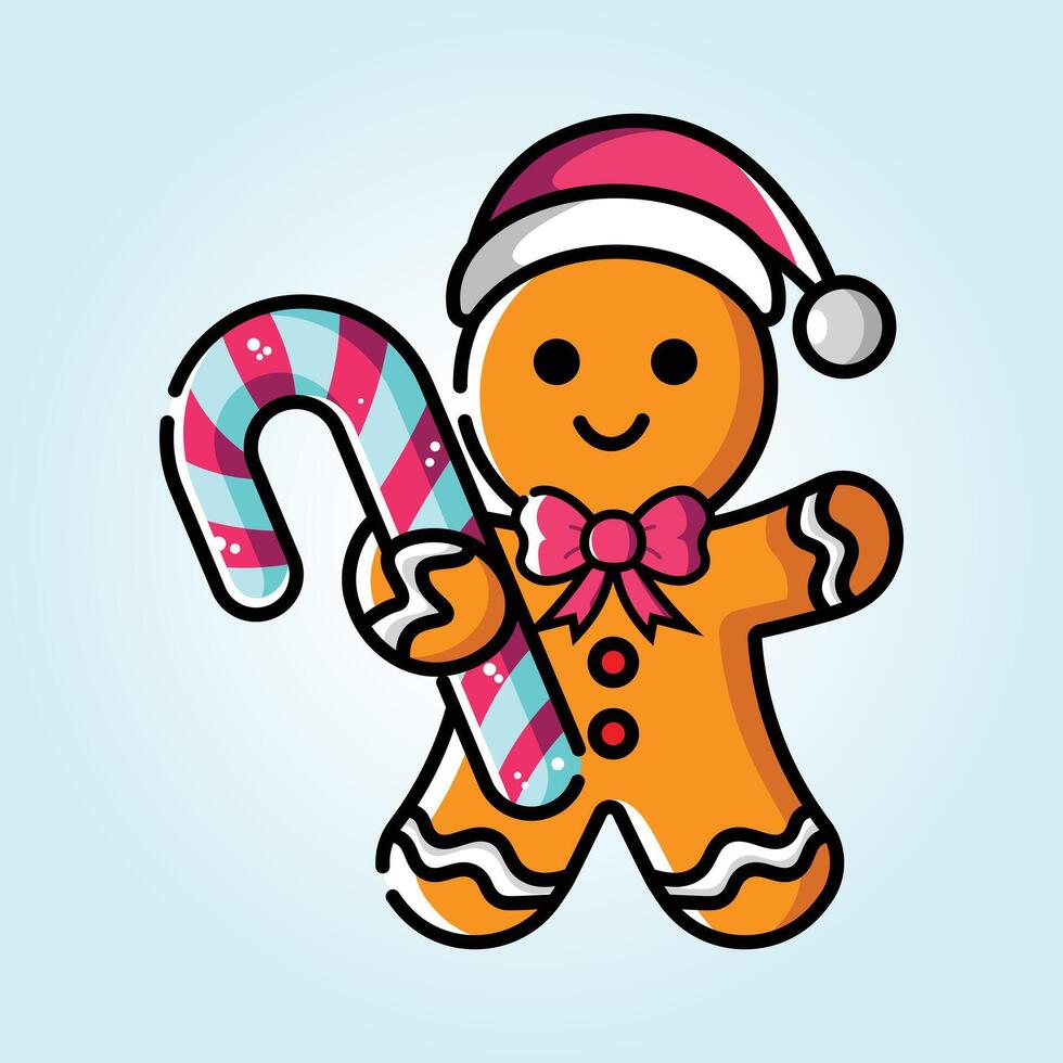 Adorable Gingerbread Man with Candy Cane Celebrates Christmas Cheer vector