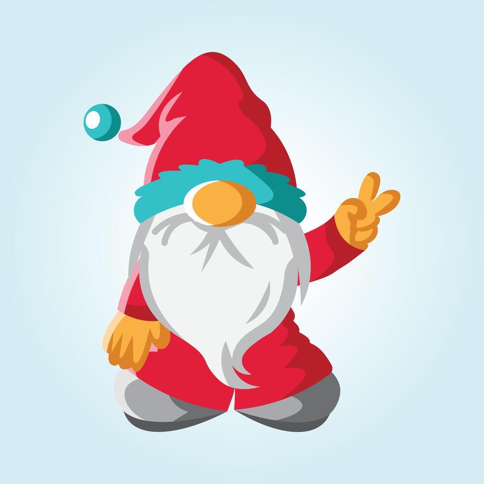 Cheerful Gnome Giving Peace Sign Festive Christmas Cartoon Illustration vector