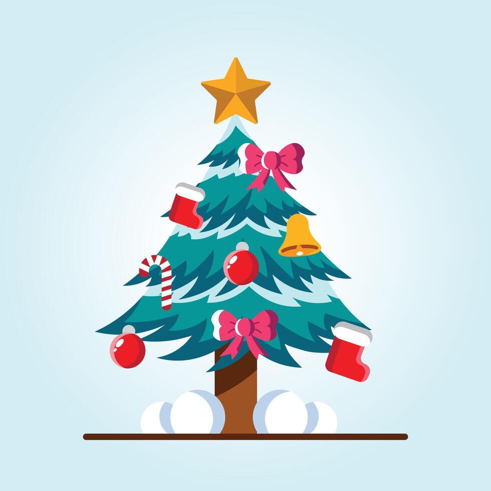 A Festive Christmas Tree Illustration Decorated with Ornaments, Bows, Candy Canes, and Stockings vector