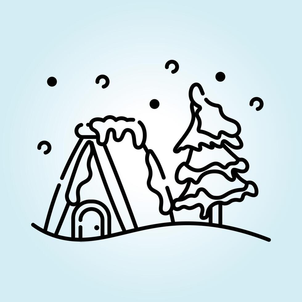 Snowy Winter Cabin Scene A Cozy A-Frame House and a Snow-Covered Pine Tree in a Winter Wonderland vector