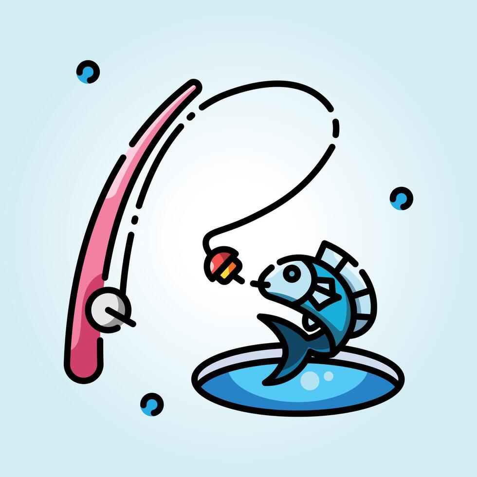 A Fun Cartoon Illustration of Fishing A Blue Fish Being Caught on a Pink Rod vector