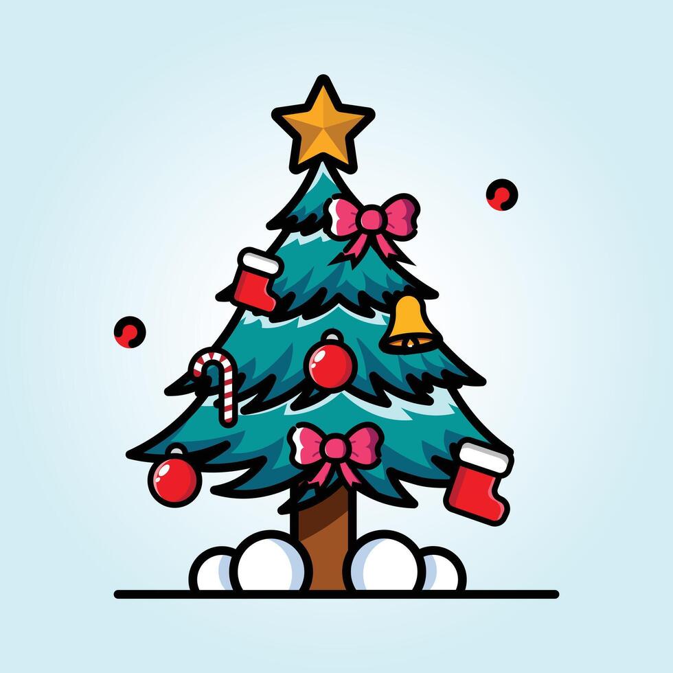 A Festive Christmas Tree Illustration with Ornaments and Decorations vector