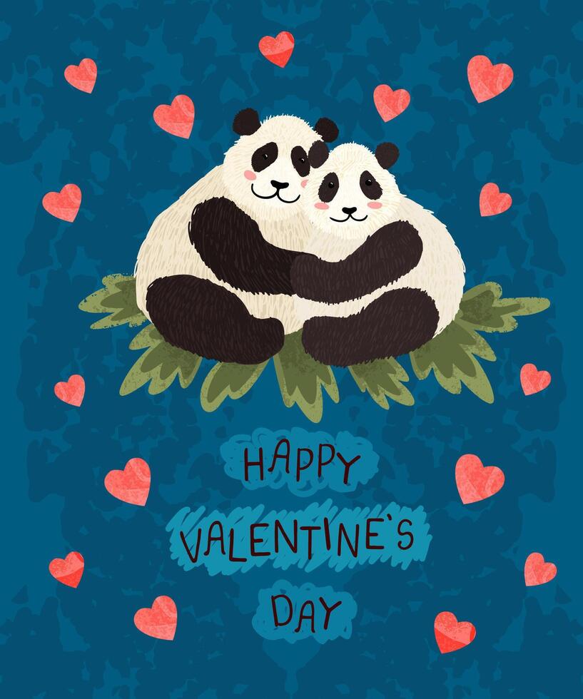 colorful greeting card with cute illustration of panda couple in love. Flyers, invitation, poster, brochure, banner. Happy Valentines Day vector