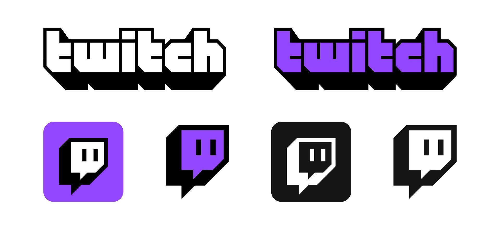 Twitch logo set. Twitch logo icons set Twitch logotype. Brand company black and purple signs. Editorial Twitch illustration vector