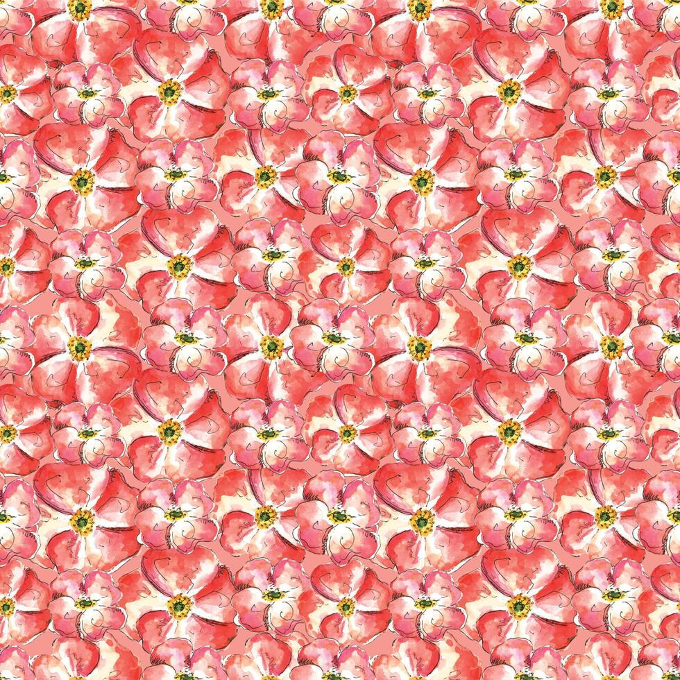 Seamless watercolor pattern with hand-drawn coral wild rose flowers for your print and textile design. scarlet flowers and buds, green rosehip leaves on a pink background vector