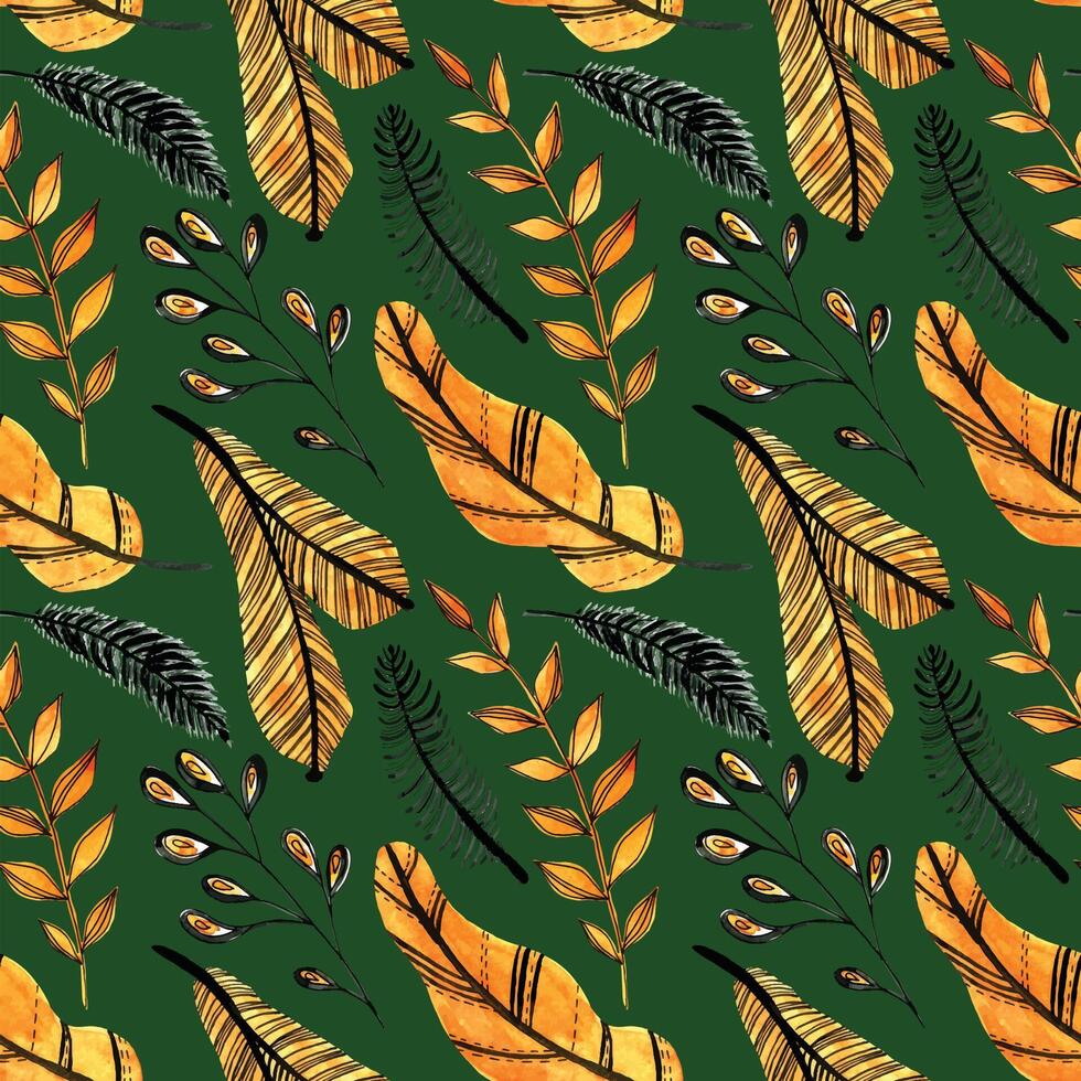 Watercolor seamless pattern with orange and black leaves on the green background. Christmas tree branch pattern. Perfect for greeting cards, invitation, wrapping paper, textile vector