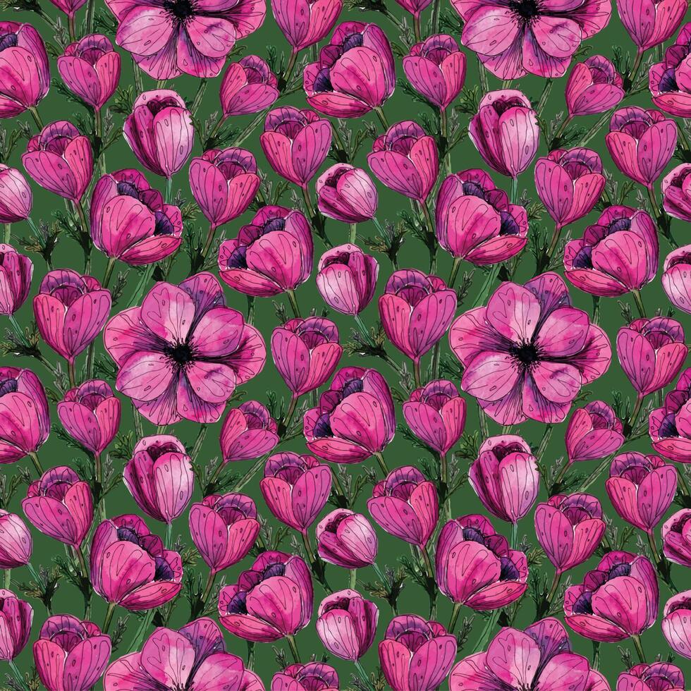 Watercolor pink anemone flower pattern. Hand painted magenta flowers on dark green background. Summer floral design for wedding invitation, save the date card, banner, poster. vector
