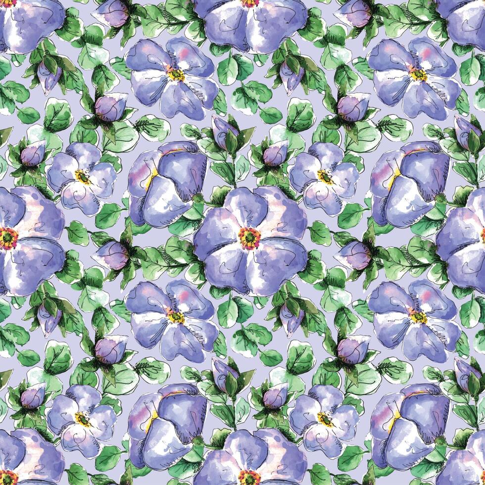 Seamless watercolor purple pattern with hand drawn wild rose flowers for your print textile design vector