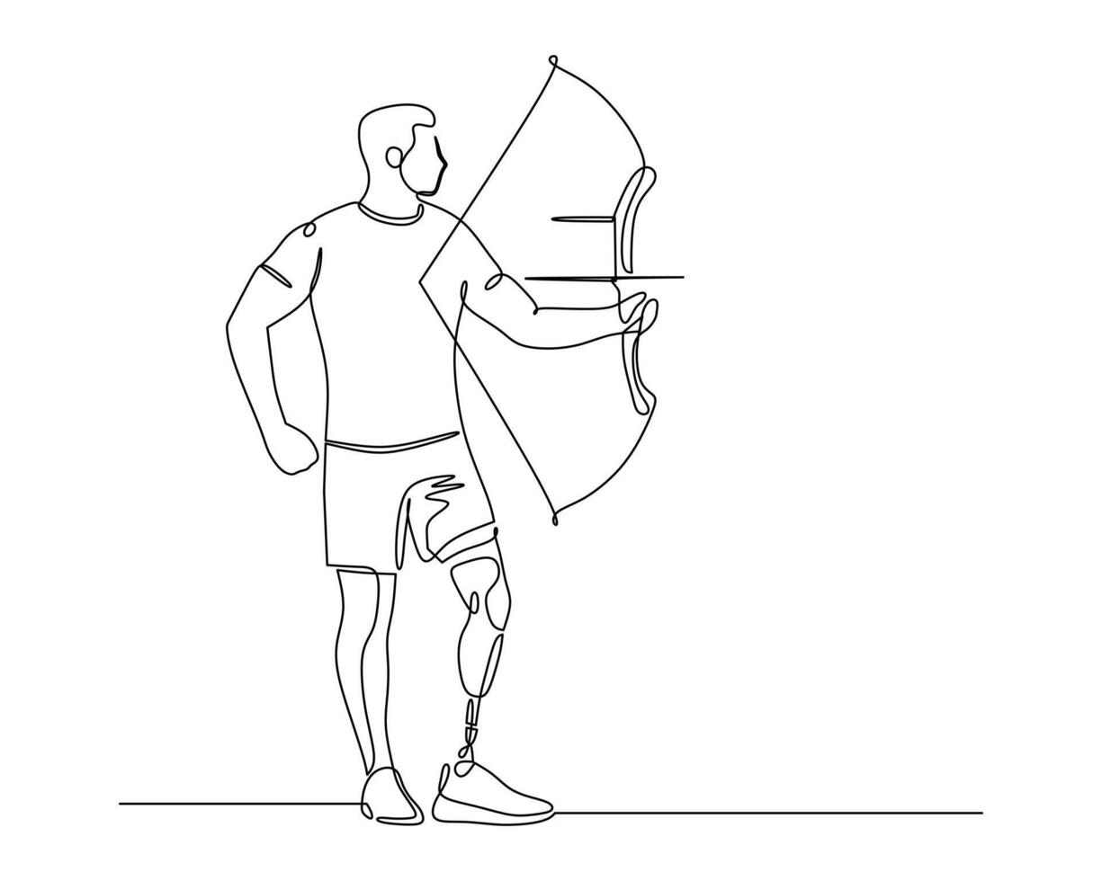 Continuous line drawing of an archer with a prosthetic leg, symbolizing strength, determination, and inclusivity in sports. Ideal for themes of resilience, adaptive sports, and overcoming challenges. vector