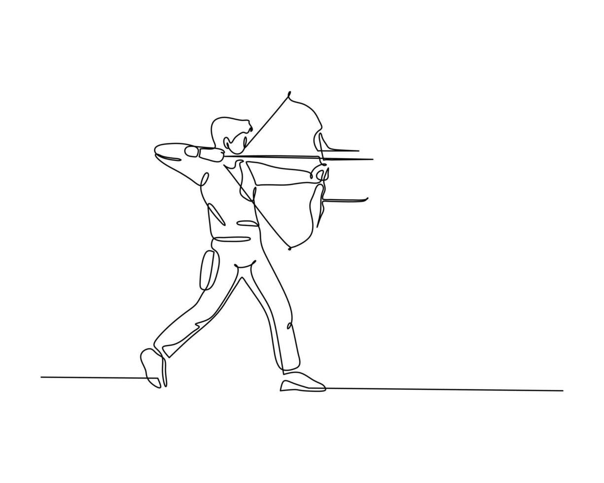 Continuous line drawing of an archer pulling back a bowstring, focusing intensely. Minimalist design capturing the dynamic motion and precision of archery. Ideal for sports and art themes. vector