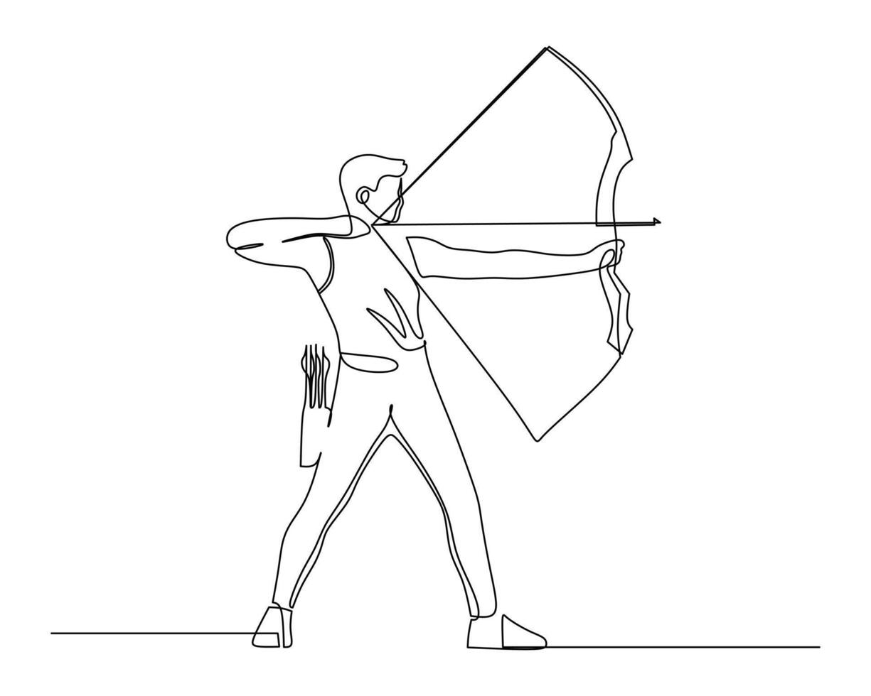 Continuous line drawing of an archer aiming a bow and arrow, capturing the dynamic posture and focus of the archer. Ideal for themes of sports, precision, and concentration. vector