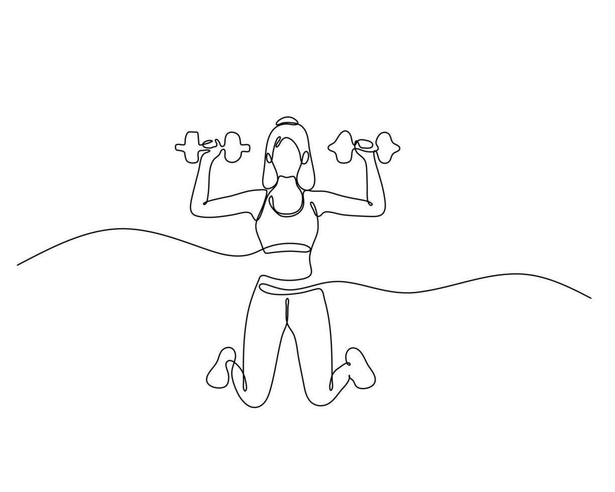 Continuous line drawing of a woman kneeling and lifting dumbbells, showcasing strength and fitness. Ideal for illustrating workout routines, exercise guides, and health-related content. vector