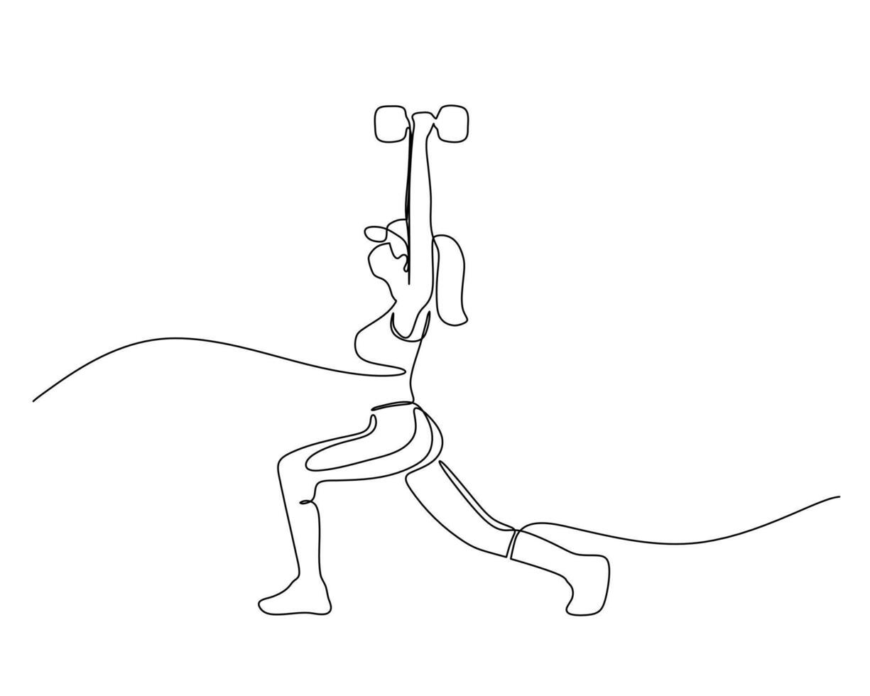 Continuous line drawing of a person performing a lunge exercise with dumbbells. Fitness, strength training, and workout concept. Minimalist design, isolated on white background. vector