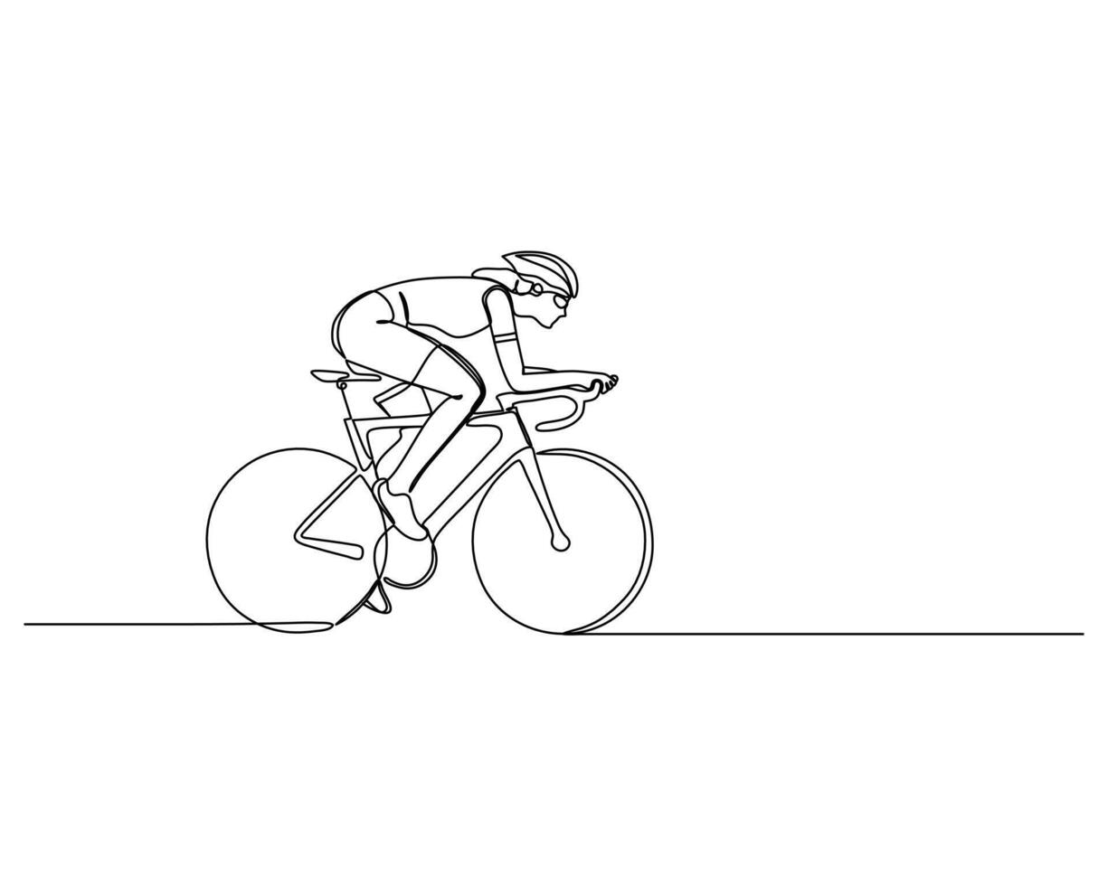 Minimalist continuous line drawing of a cyclist in a racing posture, wearing a helmet and cycling attire. Simple and dynamic design, ideal for sports, fitness, and active lifestyle illustrations. vector