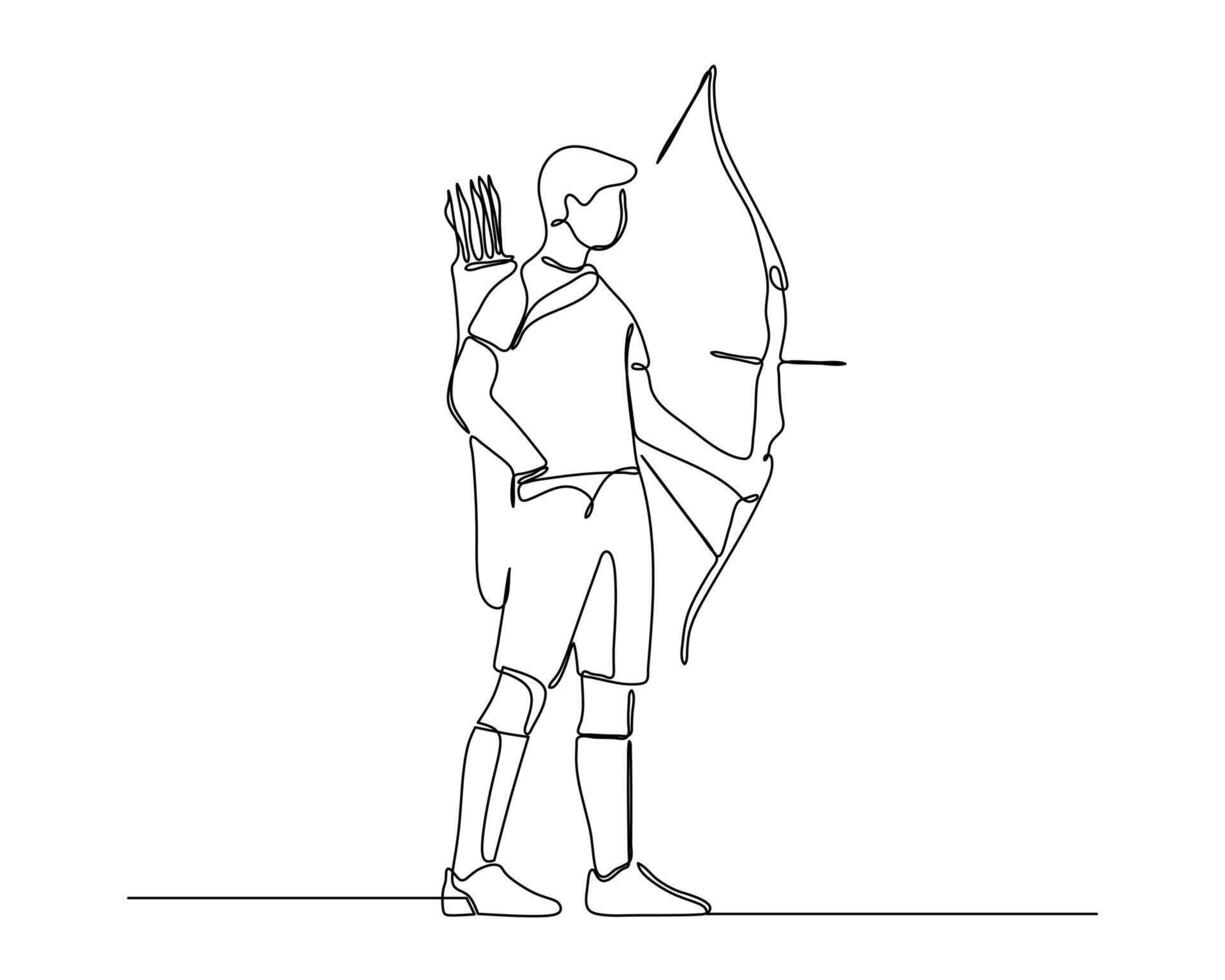 Continuous line drawing of an archer holding a bow and arrow, with a quiver on the back. The minimalist style emphasizes the archer's stance and equipment. vector