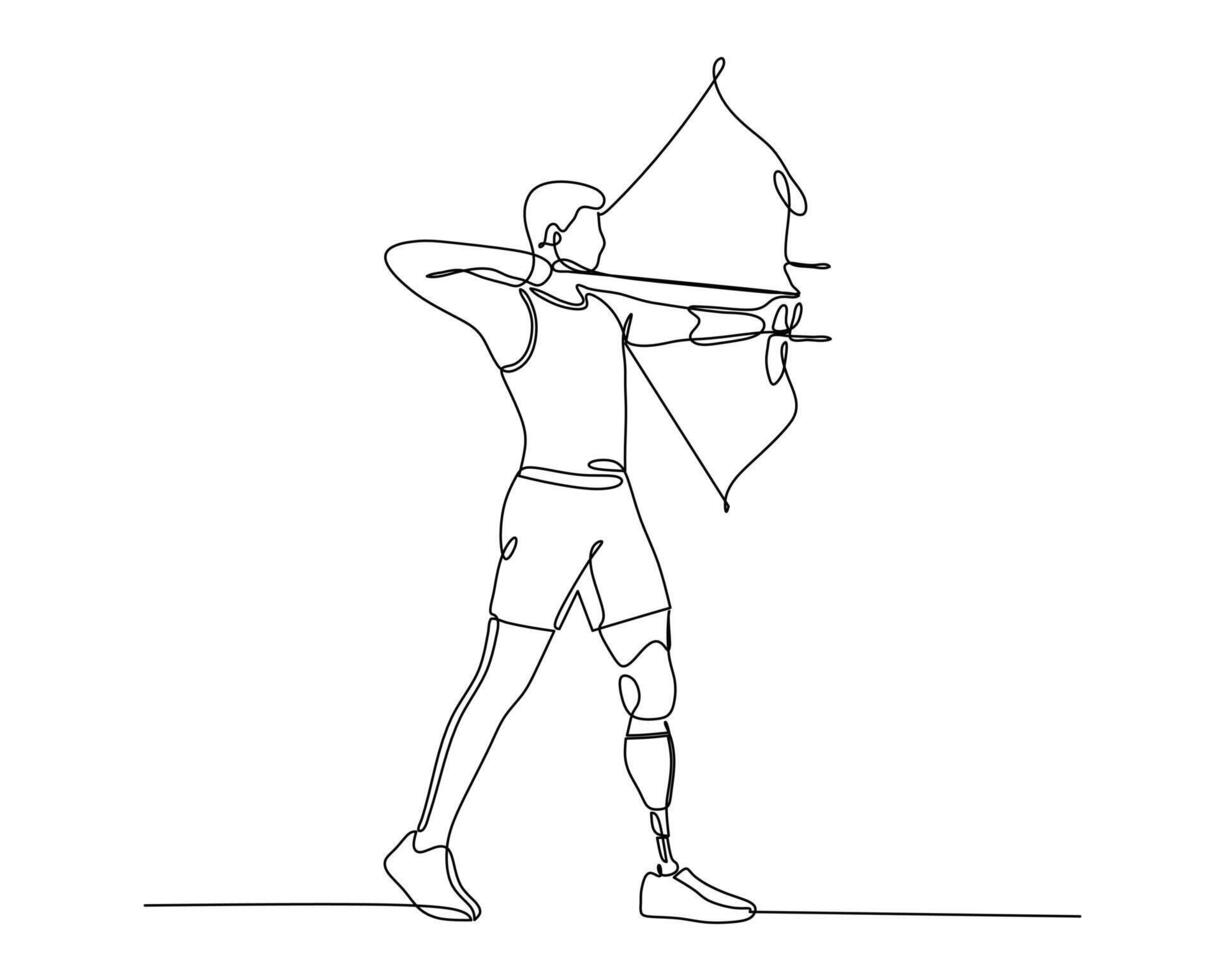 Continuous line art of an athlete with a prosthetic leg practicing archery, symbolizing determination, adaptive sports, and overcoming challenges in a minimalist artistic style. vector