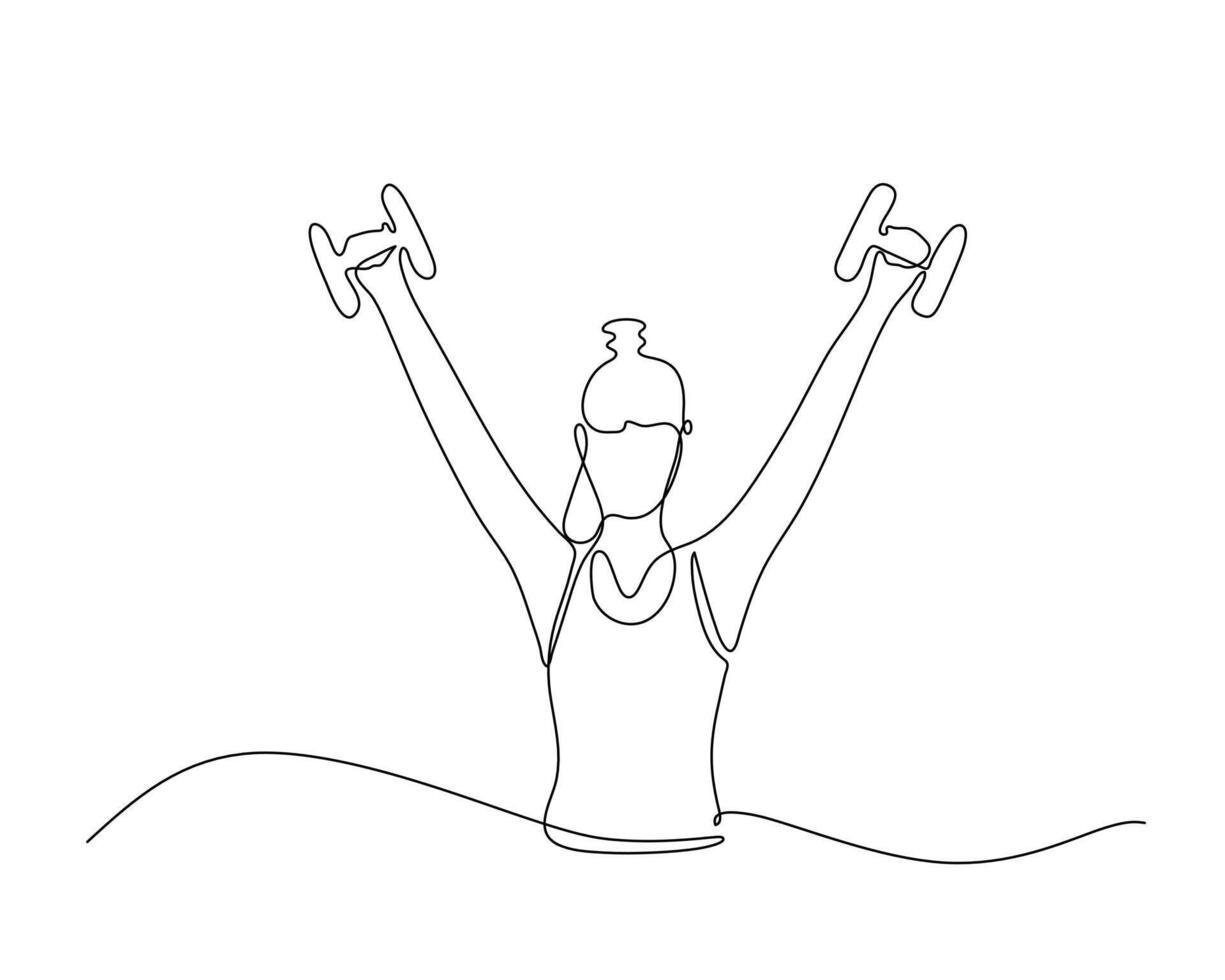 A woman standing casually, lifting a dumbbell with both hands. Perfect for illustrating fitness, strength training, and workout concepts. Minimalist continuous line art style adds a modern touch. vector
