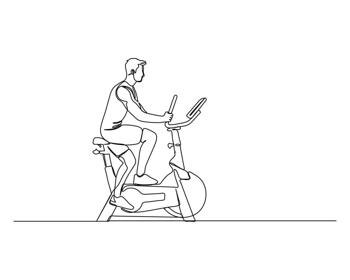 Continuous line drawing of a person pedaling on an exercise bike, highlighting dynamic movement and simplicity. Ideal for fitness, health, and indoor exercise themes. vector