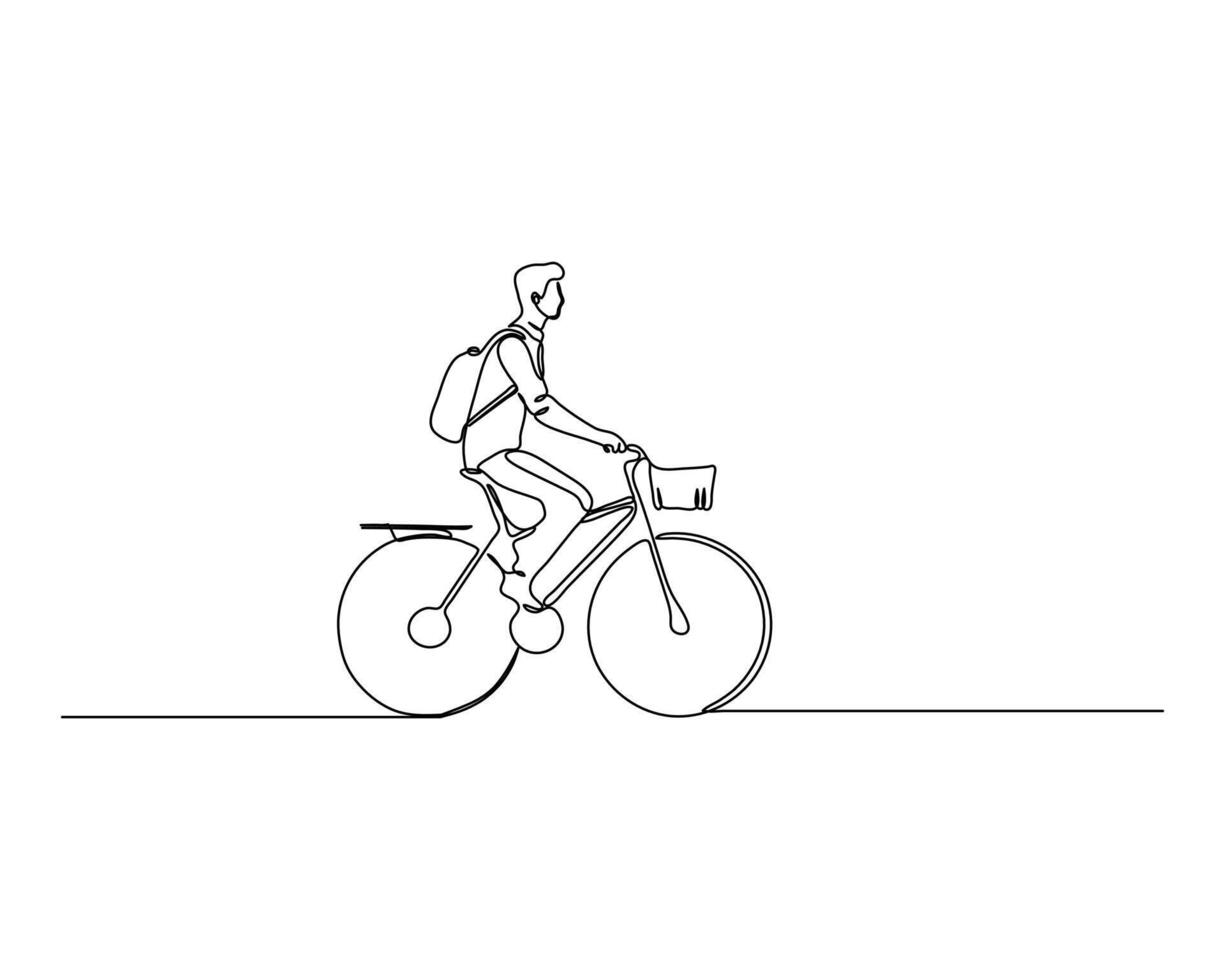 Continuous continuous line drawing of a man in casual attire riding a bicycle to work, highlighting urban commuting with a focus on simplicity and movement. Ideal for lifestyle and transport themes. vector