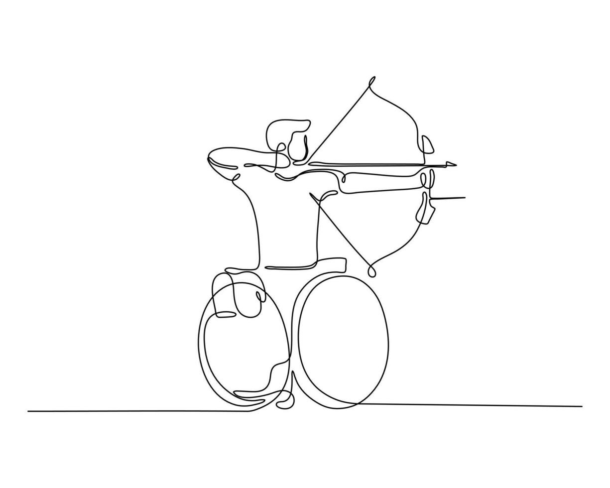 Continuous line drawing of a person in a wheelchair practicing archery, symbolizing determination, adaptive sports, and inclusion in minimalistic art. vector