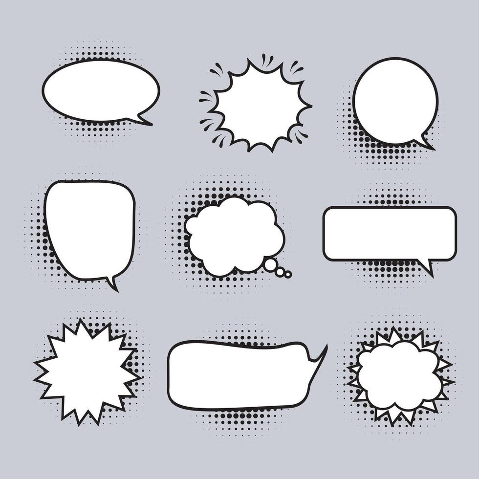 Empty comic bubbles and elements set with black halftone shadows vector