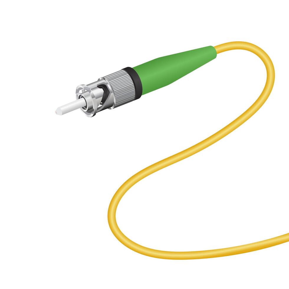 Realistic fiber optic cable with ST APC connector on white background. illustration EPS 10. vector