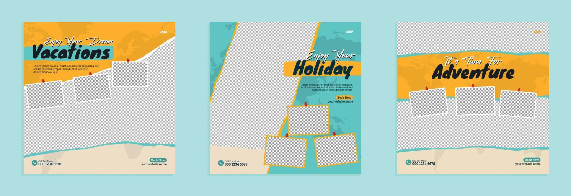 Set of travel business promotion web banner template design for social media. Travelling, tourism or summer holiday tour online marketing flyer, post or poster with abstract background and logo. vector