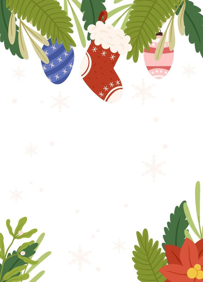Festive Poster template frame featuring a red stocking, hanging ornaments, greenery, a poinsettia, and snowflakes on a light background with blank space. vector