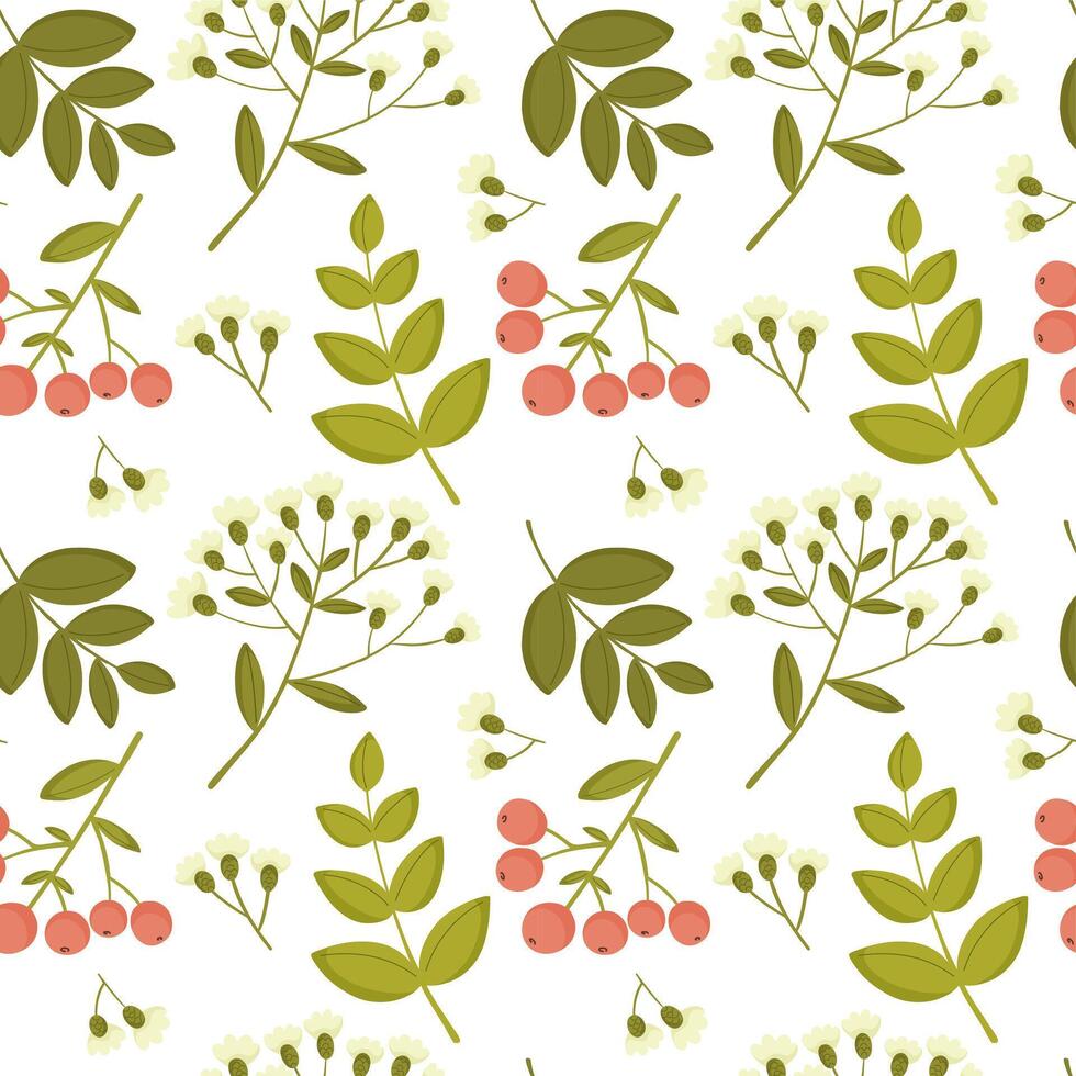 Seamless pattern with leaves, berries and flowers. Botanical pattern. vector