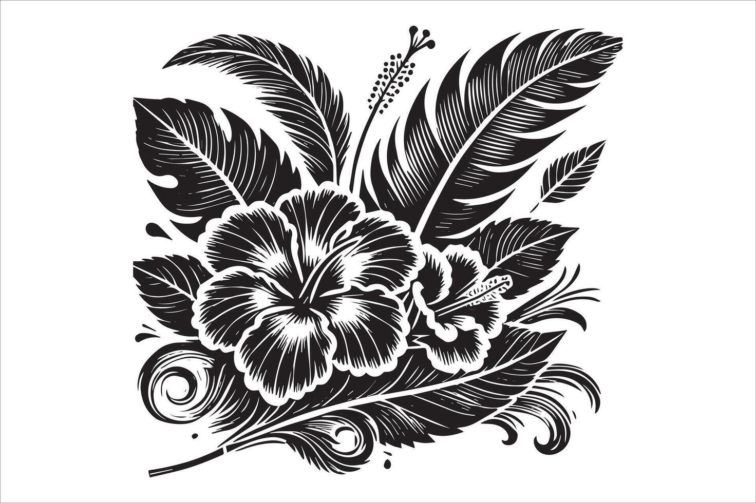 Hibiscus Plant Illustration - Nature-Inspired Coloring Page vector