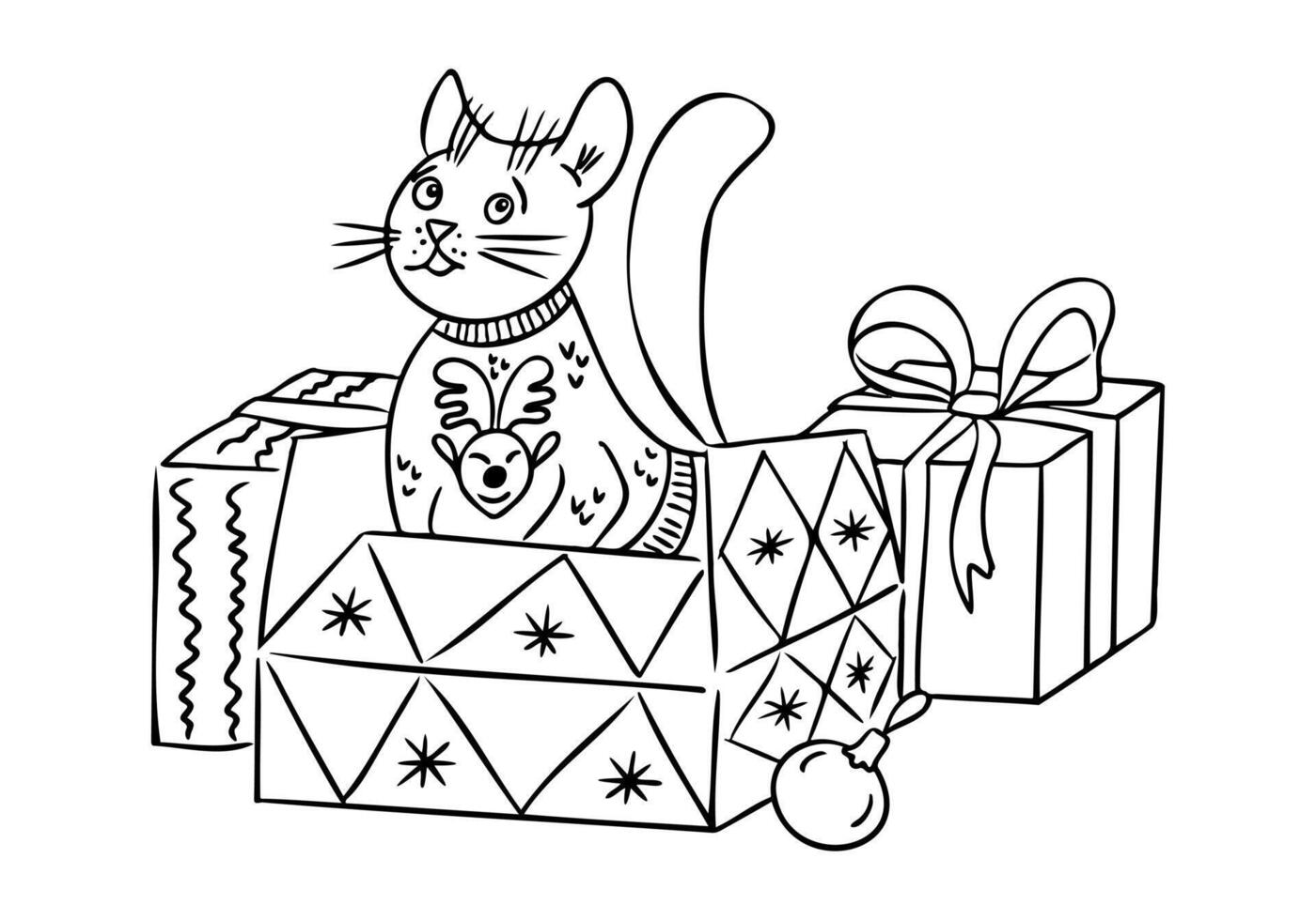 Cat in Christmas sweater sitting among decorative gift boxes and holiday ornaments, drawn in whimsical and playful doodle style. Hand drawn drawing isolated on white background vector