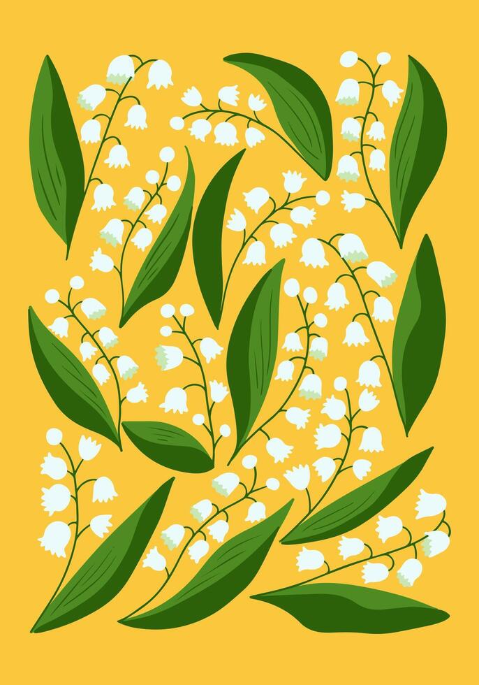 Bright botanical illustration of lily of the valley flowers with green leaves arranged on vibrant yellow background, creating cheerful springtime design. Retro 60s style poster vector