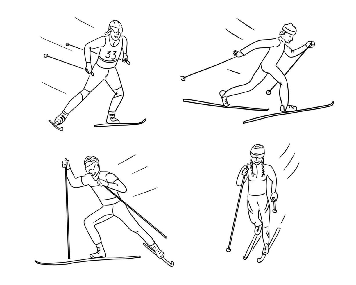 Line art illustrations of cross country skiers in dynamic poses, depicting various skiing techniques with minimalistic elements. Winter sport outline drawing on white background vector