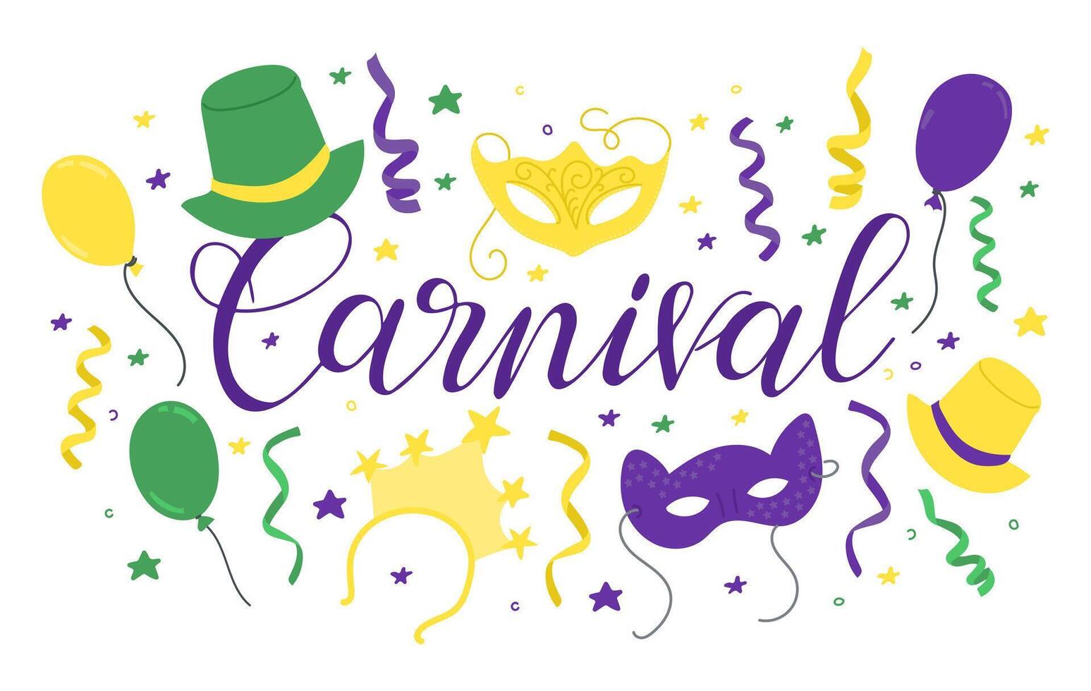 Colorful carnival illustration with festive mask, hat, balloon, ribbon and star with bold calligraphy text Carnival in vibrant purple, yellow, and green vector