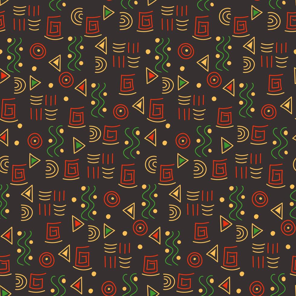 Colorful geometric seamless pattern with abstract symbols in red, green, and yellow on black background, inspired by traditional African motifs. Black history month illustration vector