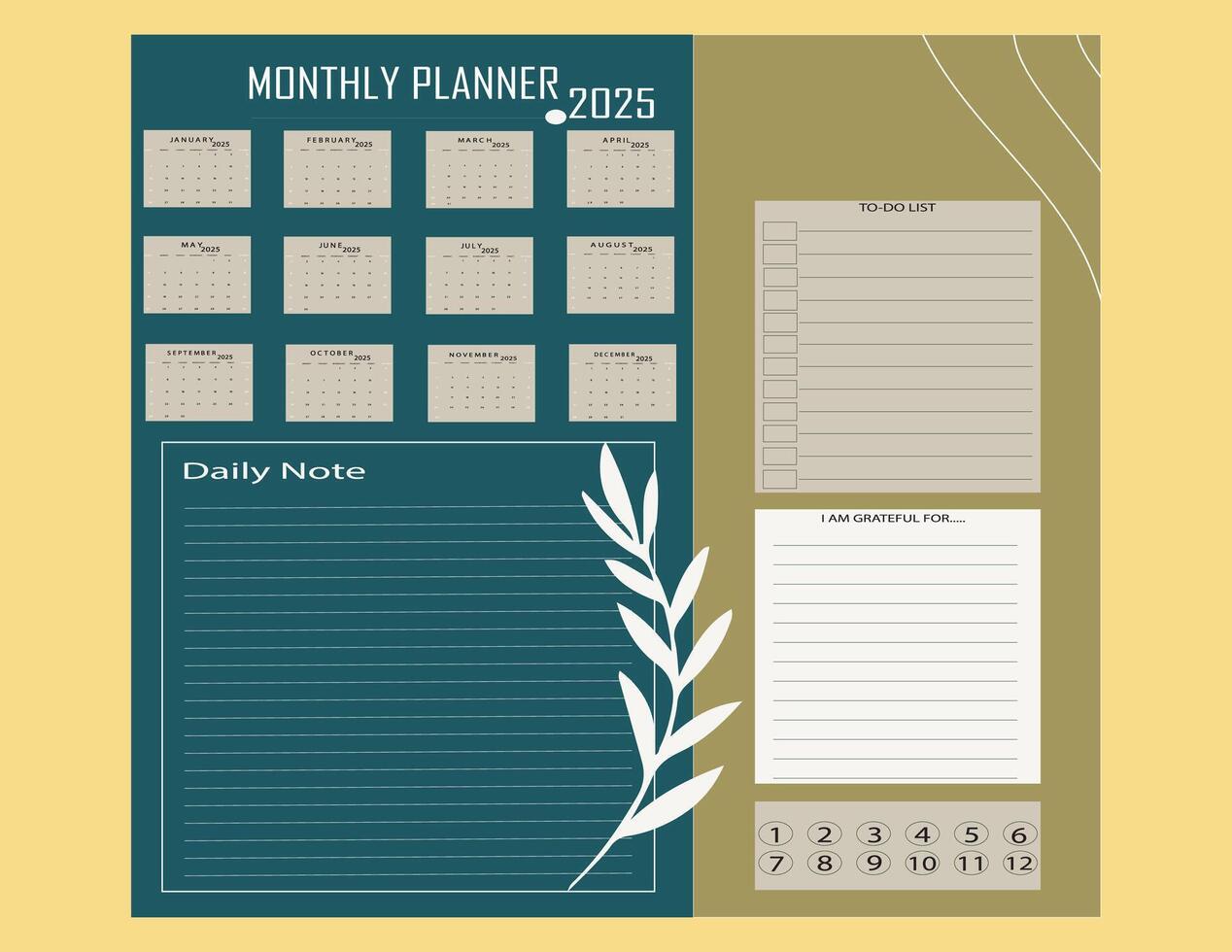 2025 daily planner, weekly planner,monthly planner, yearly planner,to do list,habit tracker,notes, calendar vector