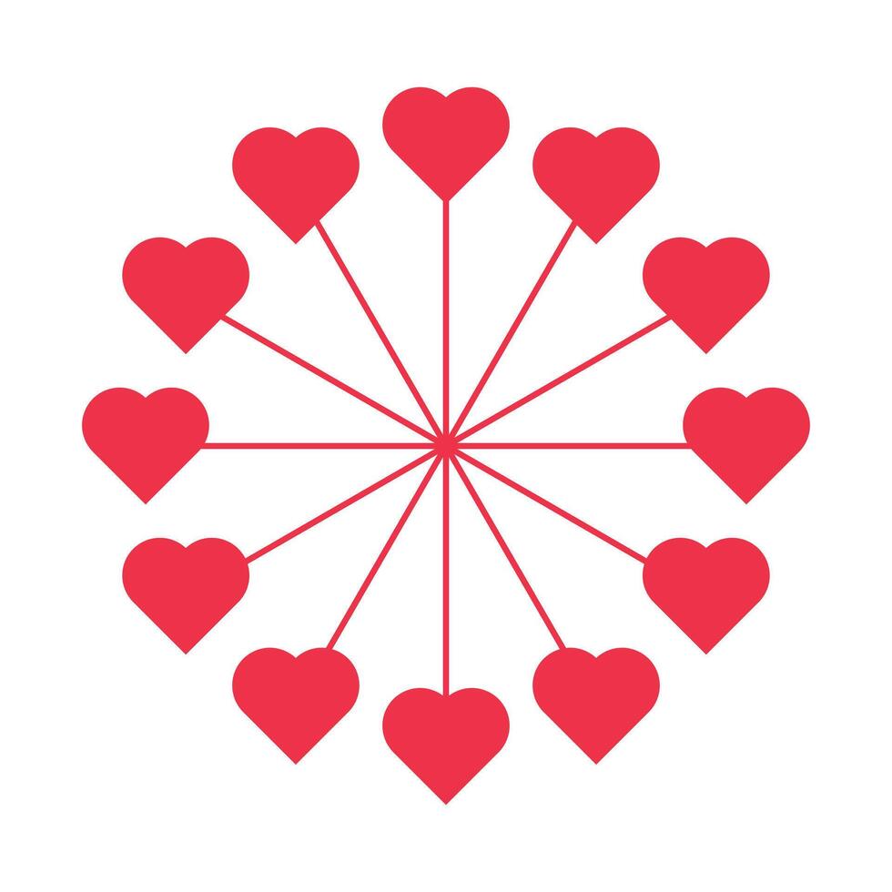 A circular arrangement of red heart shapes connected by lines, resembling a clock face. vector