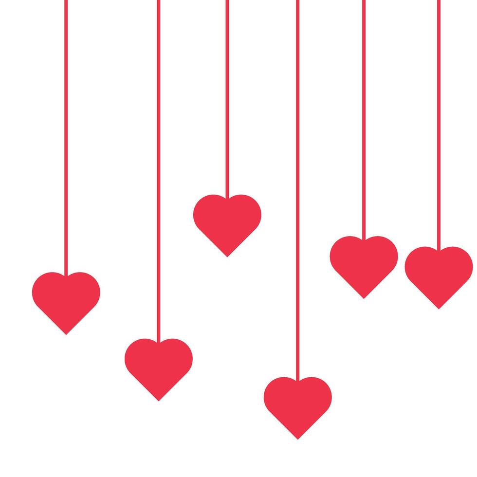 Red heart shapes hanging from strings on a white background, creating a minimalist and romantic design. vector