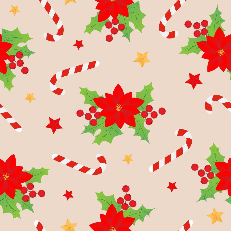Seamless pattern with red christmas stars, caramel cane, Christmas star, holly on beige background. Design for fashion, fabric, textile, packaging paper. vector