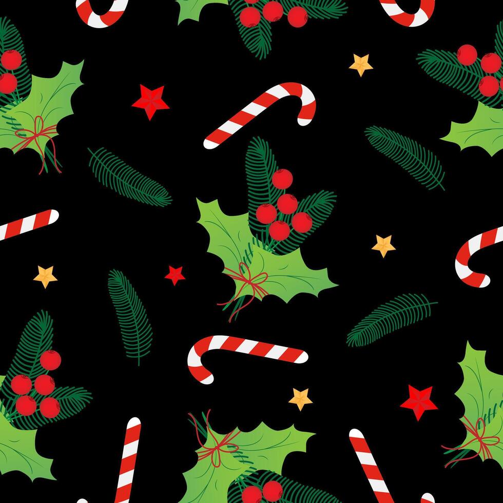 Seamless pattern with red christmas stars, caramel cane, Christmas star, holly on black background. Design for fashion, fabric, textile, packaging paper. vector