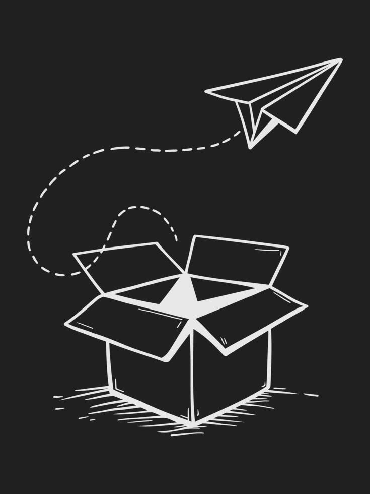 Paper airplane flying out of box, black and white line art illustration vector