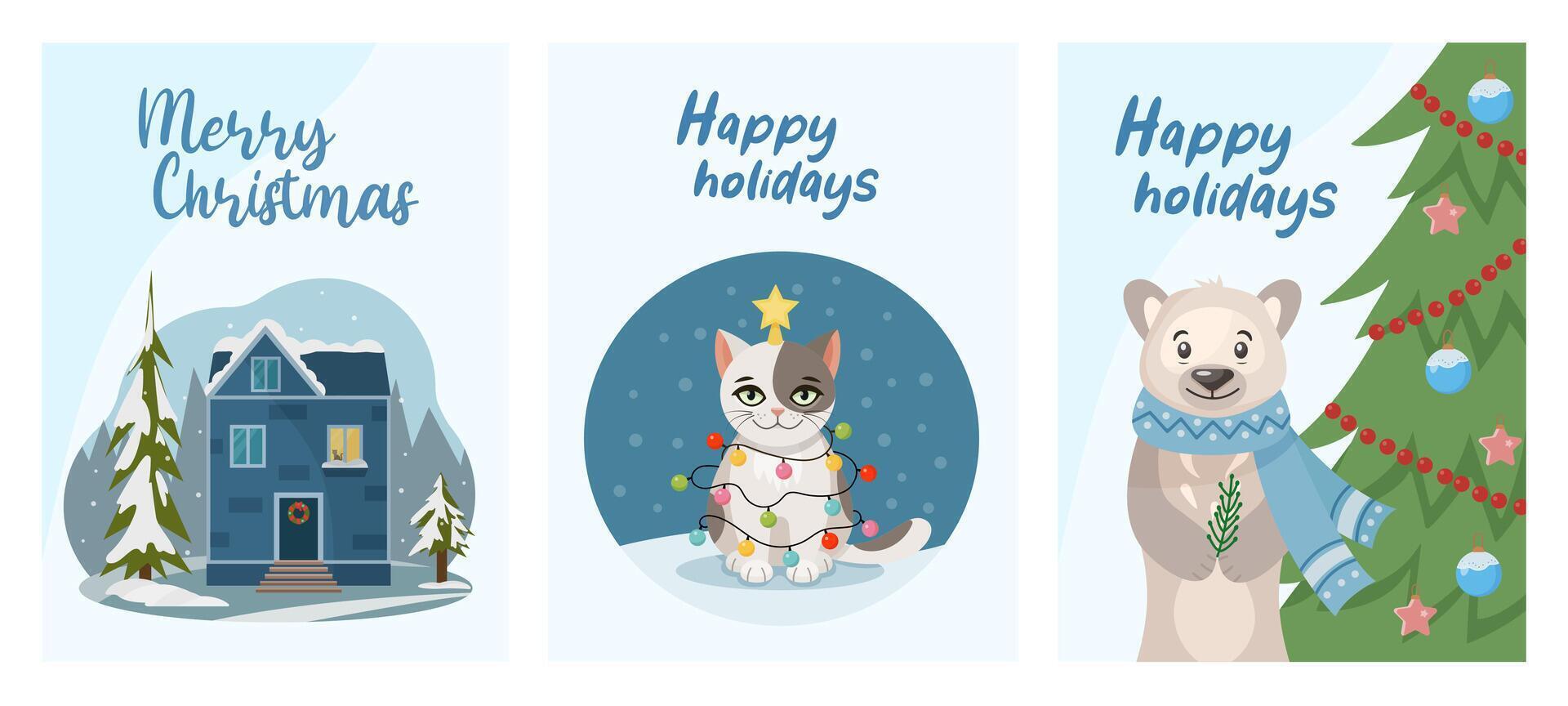 Set of Merry Christmas greeting cards. Christmas cards with bears, cats, New Year's house. Happy holidays. Greeting concept. Ideal for print, postcard or label. New Year card. vector