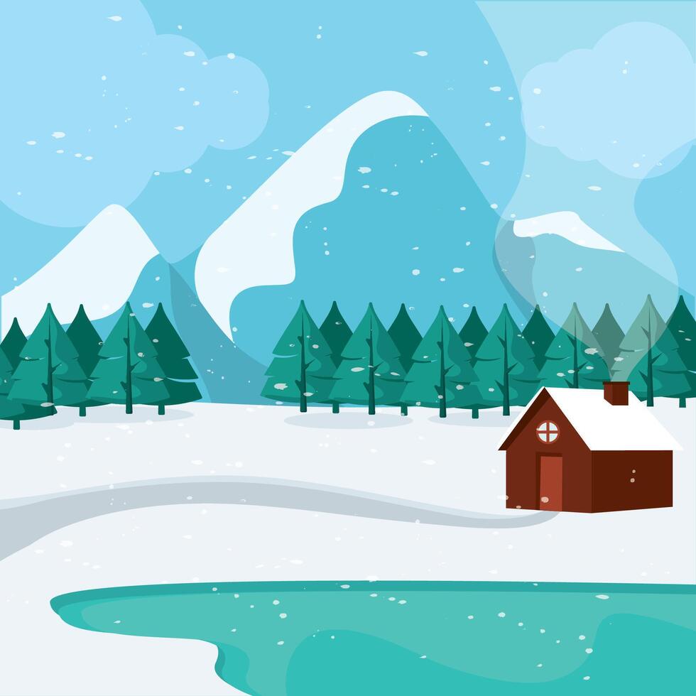 Winter cabin in snowy landscape with pine trees vector