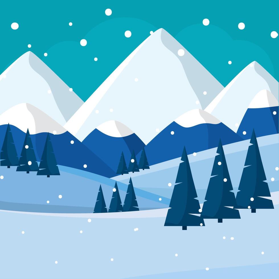 Snowy mountains and pine trees under falling snow vector