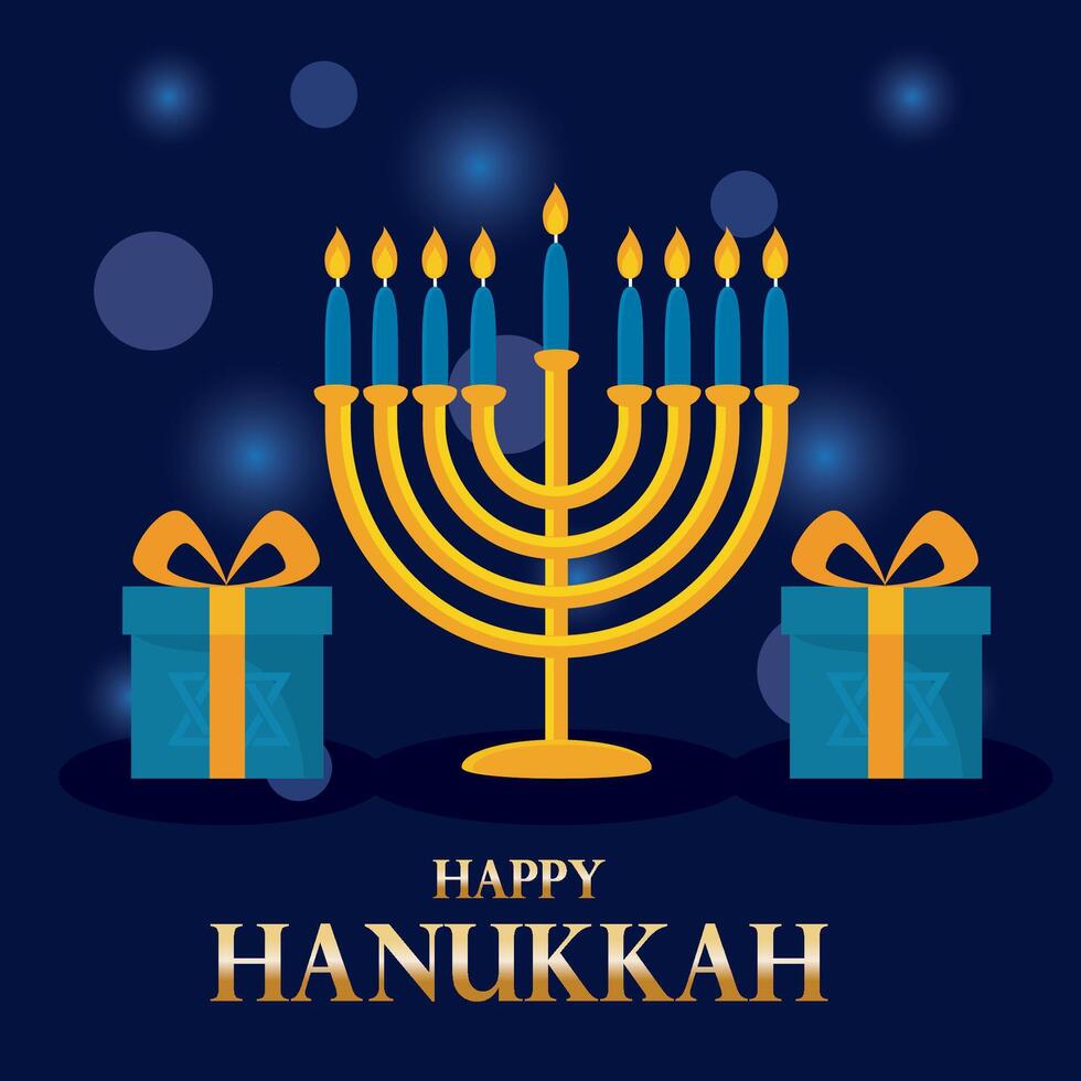 Hanukkah menorah with gifts and glowing candles vector