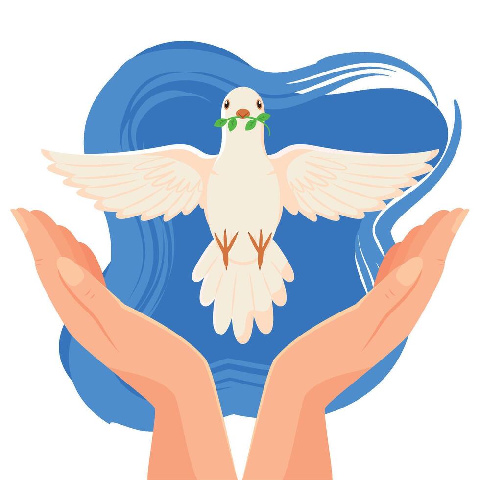 Dove with olive branch and open hands below vector