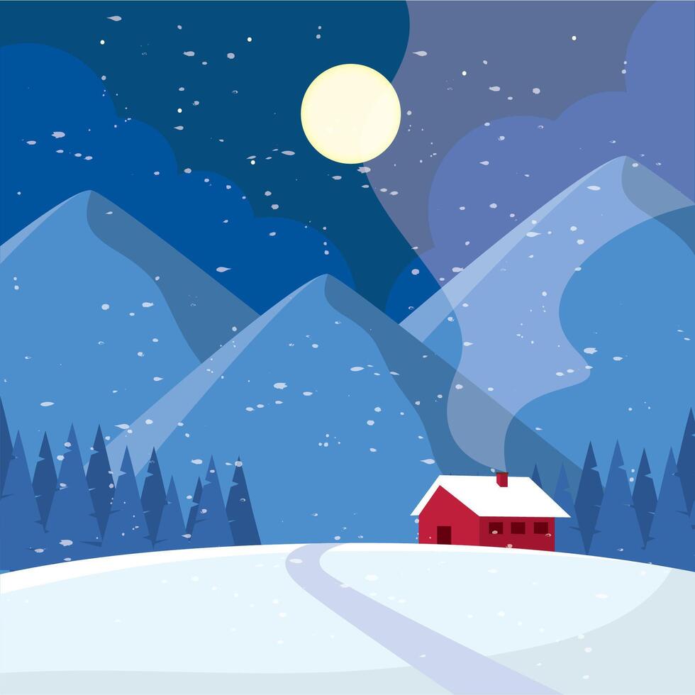 Winter cabin under a full moon in snowy mountains vector