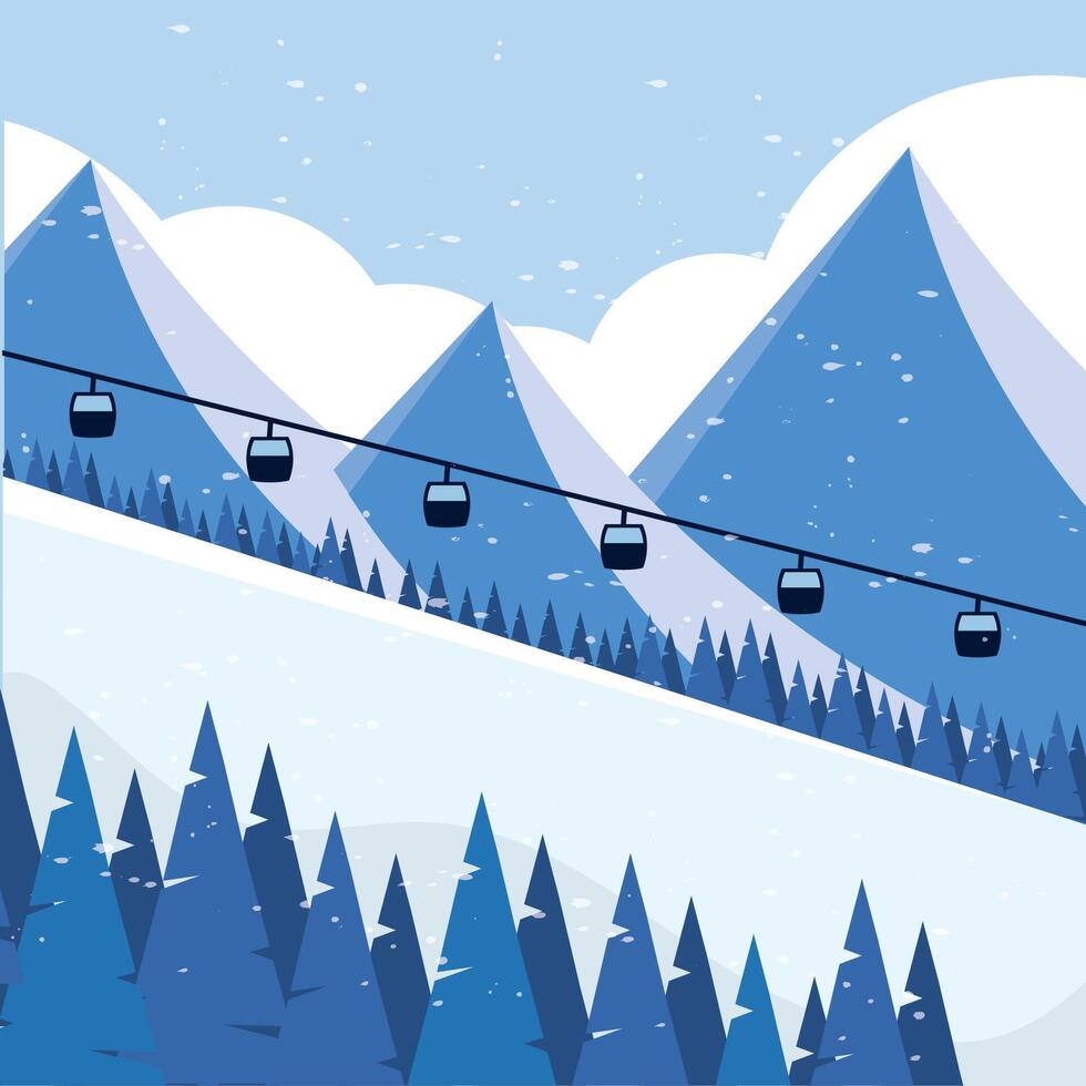 Snowy mountain slopes with cable cars and pine trees vector