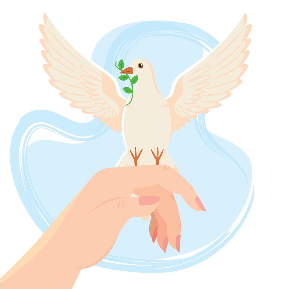 Dove on hand with olive branch and blue swirl vector